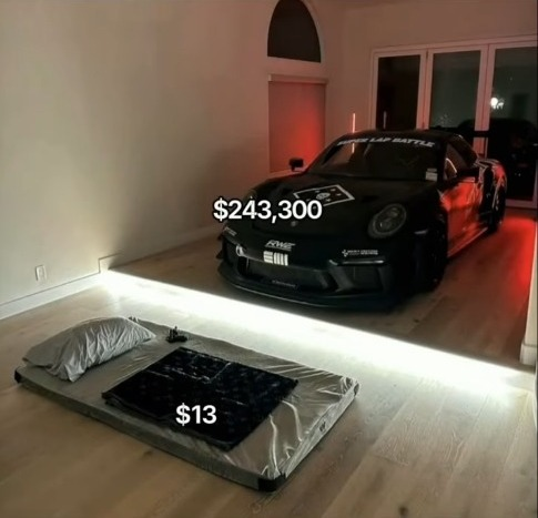 Luxury garage meme showing a race car and a cheap mattress.